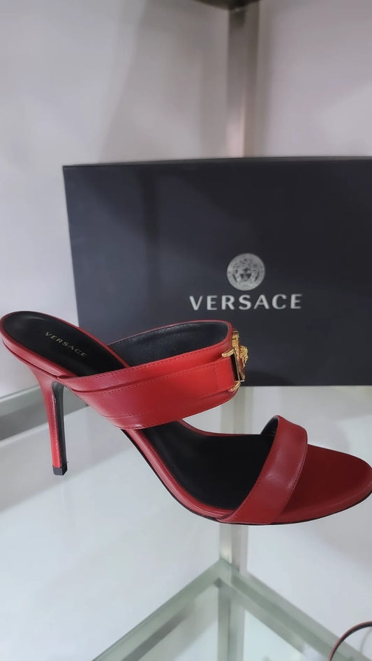 Versace Women's Cherry Red Gold Medusa Leather Heeled Sandals Shoes