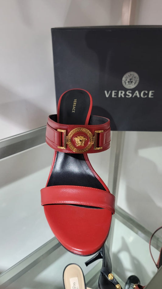 Versace Women's Cherry Red Gold Medusa Leather Heeled Sandals Shoes